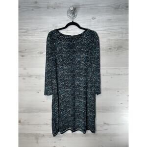 Attention Dress Womens XL Black Teal Print 3/4 Sleeve Shift Back Zip Crew Neck